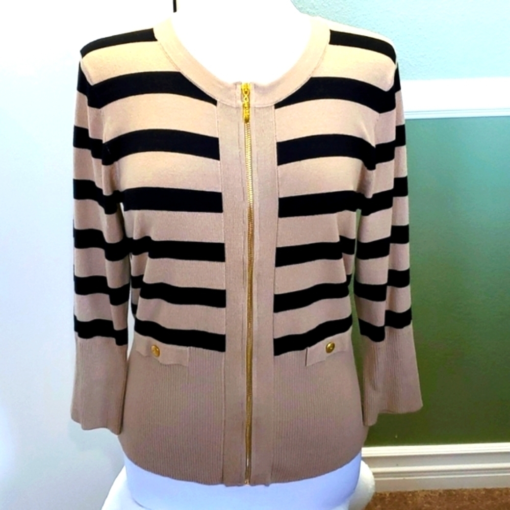 Cable & Gauge Striped Pattern with Gold Tone Zip-Up Cardigan (NWOT)